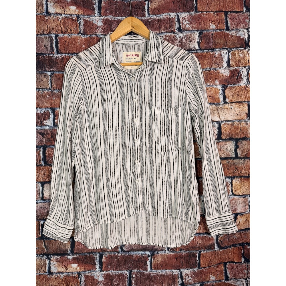 Girl Krazy Womens Medium White Black Striped Boyfriend Button Up Shirt Rayon